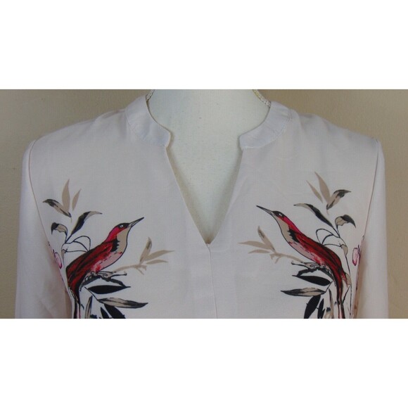 Chinese Asian Blouse Top Womens Small V-Neck Red Bird Detail Pleated White S - Picture 2 of 10